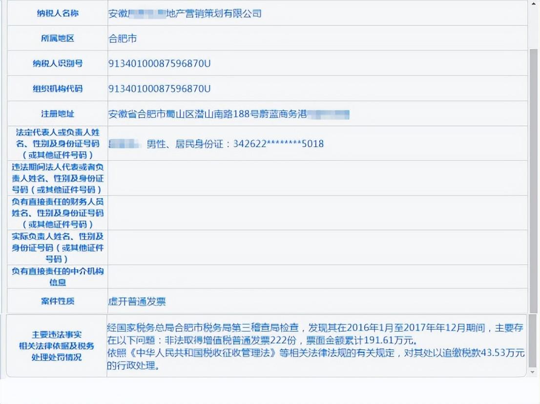 xxxx222(合肥某地产公司非法取得增值税普通发票222份，被罚43.53万)